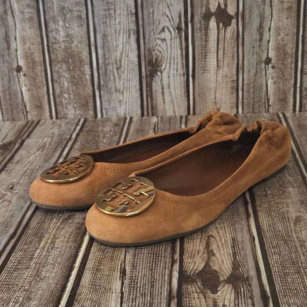 Sz 9 M Tory Burch Reva Brown Suede Gold Logo Medallion Ballet Flats VGUC!